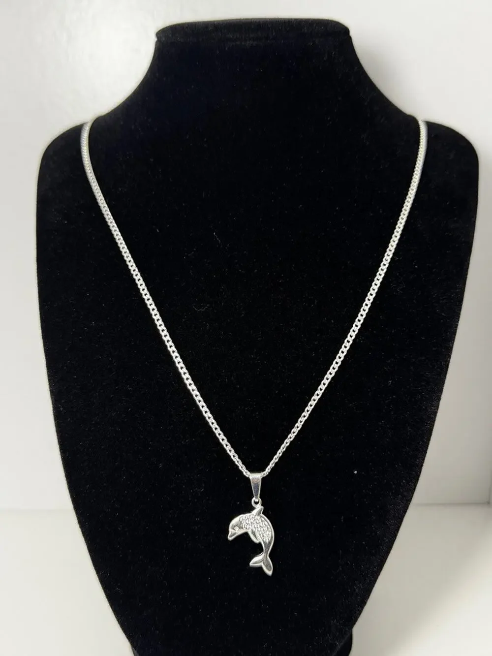 925 Sterling Silver Dolphin Pendant Necklace 20 Inch Curb Chain CZ Accents